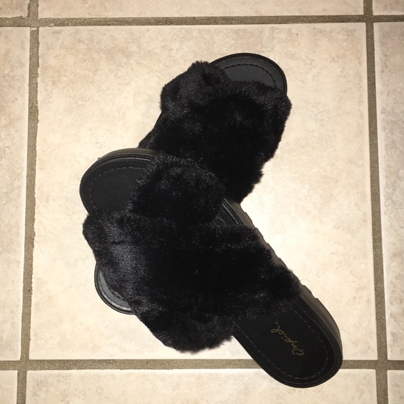 Black Fuzzy Slip On Shoes - Picture 2 of 5